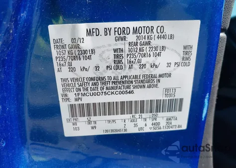 2012 Ford Escape Xlt z USA, uszkodzony, nr VIN 1FMCU0D75CKC00546